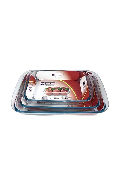 AVCI HOME MAKER 3 Pieces Rectangular Glass Baking Dish Set 2.9 Lt + 2.2 Lt + 1.6 Lt Capacity - Clear