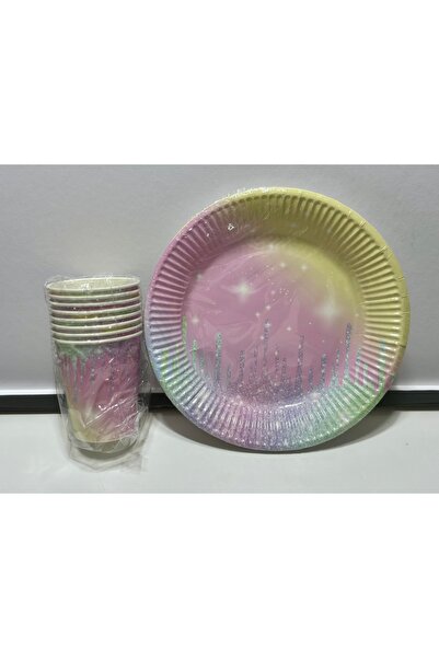 Party Partycom 8 Kişilik Karışık Pastel Renkli Işıltılı Karton Tabak-Bardak Seti