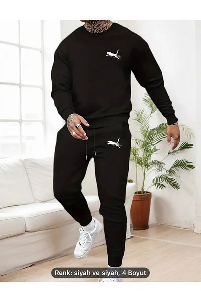 NEW TRENDY COLLECTİON Σετ αθλητικής φόρμας Crew Neck Cotton Raised - Φούτερ και παντελόνι με στάμπα
