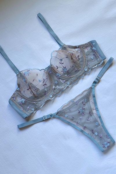 Rubuvi Blue Floral Underwire Lace Tulle Bralet Dowry Underwear Bra Set Lingerie Set