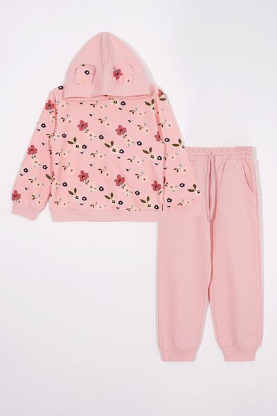 zepkids Flower Patterned Hooded Ear Detailed Pink Color Girl's Tracksuit Set