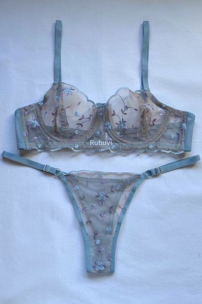 Rubuvi Blue Floral Underwire Lace Tulle Bralet Dowry Underwear Bra Set Lingerie Set