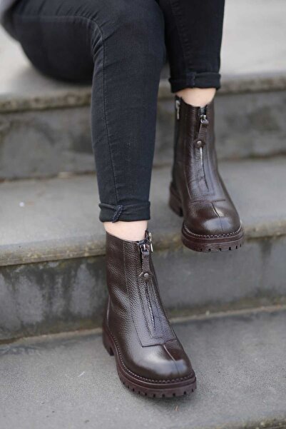 EREN SHOES BAG (ΒΑΚΟΥ) Γνήσιο δέρμα καφέ μπότες από καουτσούκ με λεπτομέρεια με φερμουάρ μπροστά και ορθοπεδική σόλα