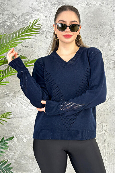 ATEMODAA Pulover cu decolteu în V cu detaliu ajurat