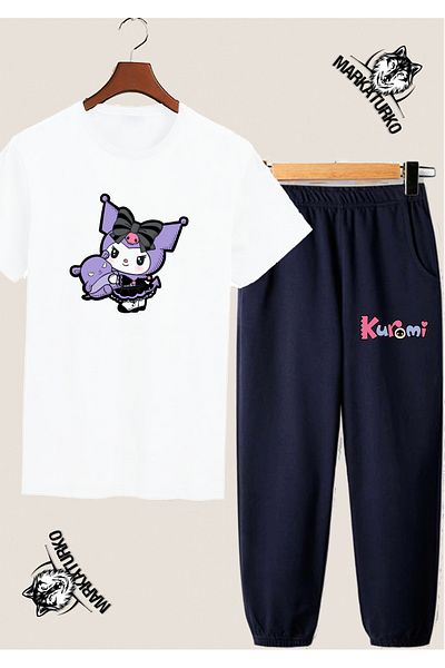 MarkaTurko Asi&Cute Special Design Printed Summer White Tshirt-Navy Blue Tracksuit Combination 2025-200
