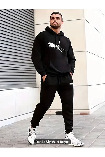 NEW TRENDY COLLECTİON Σετ αθλητικής φόρμας με στάμπα καγκουρό - Φούτερ και παντελόνι με στάμπα στο μικρό μπούστο