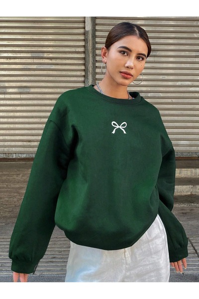 PALPİTO Ženska majica Naphtha Green Mini Ribbon Štampano okrugla kragna Overs...