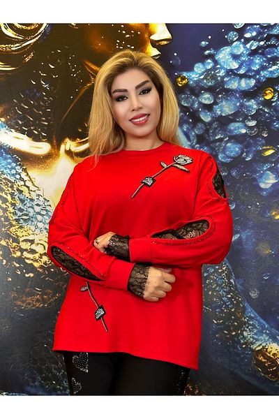 Yeşilmoda بلوزة حمراء بلوزة مقاس كبير من الدانتيل الليكرا حجر الراين جودة عالية تصميم خاص فستان سهرة