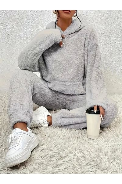Trendusfashion Women's Long Sleeve Hooded Front Pocket Plush Bottom and Top Double Set