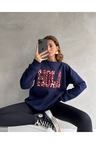 shopshop Women's Hola Leopard Embroidery Printed Raised Basic Oversize Sweatshirt