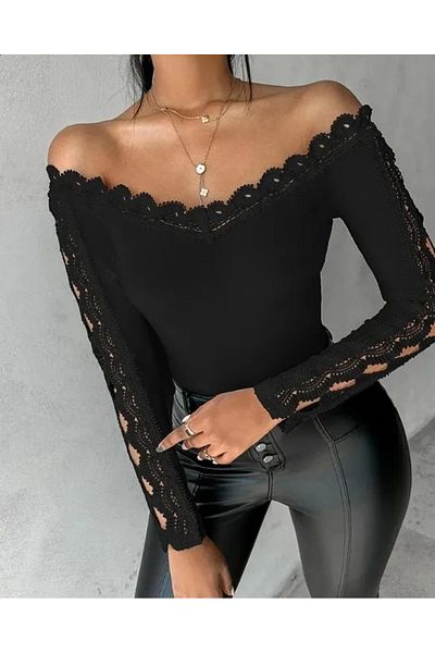 Cbm Women's Long Sleeve Madonna Neck Lace Detailed Imported Crepe Blouse