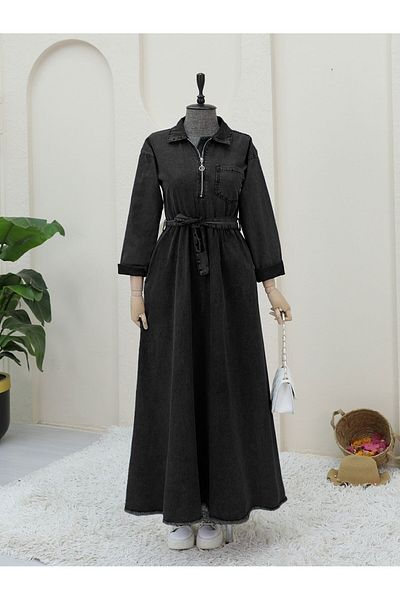 Modamorfo Half Zipper Waist Tie Pocket Denim Dress -Black