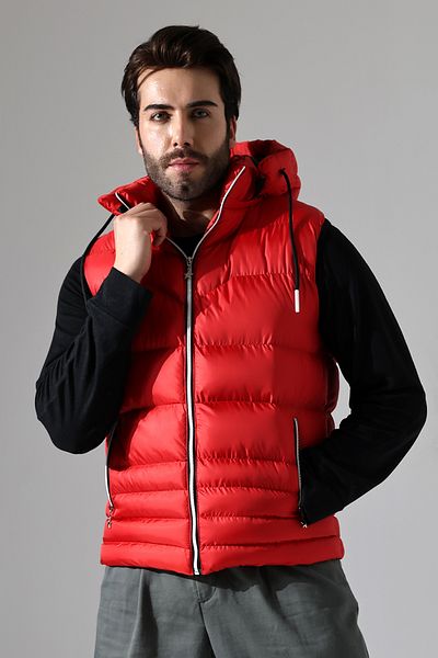 B.HE.Z Men's Gel Padding Lined Inner Pocket Detachable Zipper Hood Puffer Vest Red