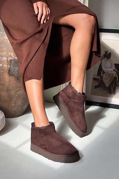NİŞANTAŞI SHOES Damenstiefel – Mini-braunes Wildleder, mit Fell innen, dicke Sohle