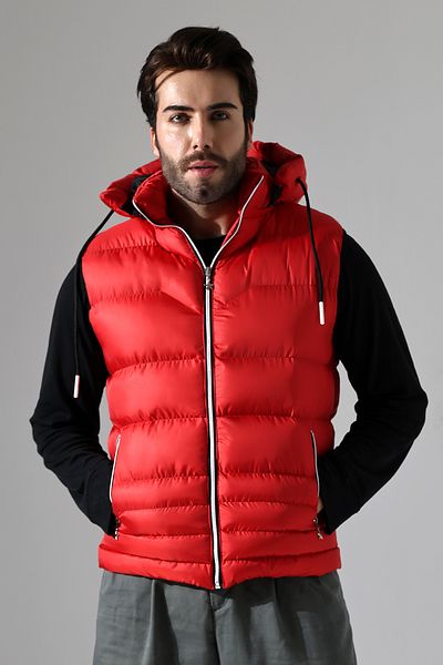 B.HE.Z Men's Gel Padding Lined Inner Pocket Detachable Zipper Hood Puffer Vest Red