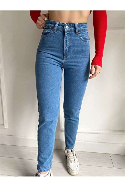 MAKRAS EXCLUSIVE A126662 Medium Blue High Waist Mom Jean Denim Pants Buy Large Size Jeans Slim Fit