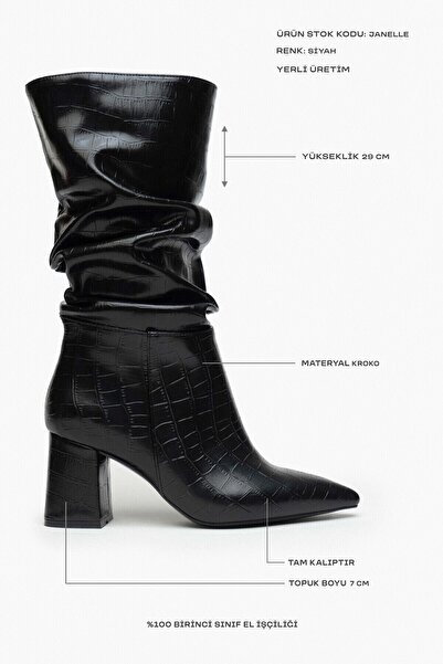 NİŞANTAŞI SHOES Janelle hegyes orrú fekete mintás, fújtatós női sarkú csizma