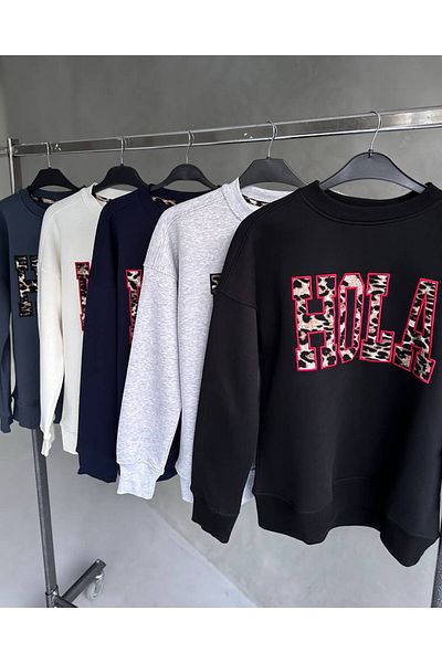 shopshop Women's Hola Leopard Embroidery Printed Raised Basic Oversize Sweatshirt
