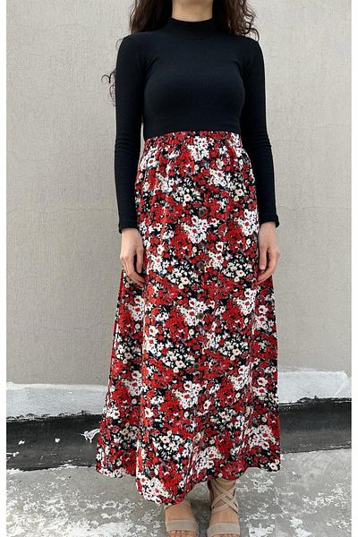 520CK Floral Patterned Summer Women's Skirt - Buttoned and Long
