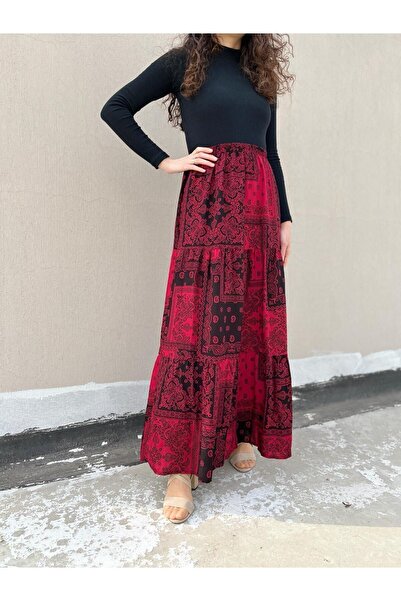 520CK Women's Ethnic Patterned Viscose Long Skirt with Elastic Waist / Hijab ...