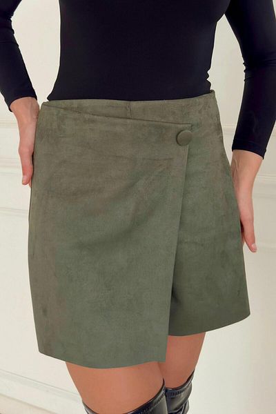 ZISHAN Fusta pantaloni scurți din piele intoarsa cu detaliu nasture - 032