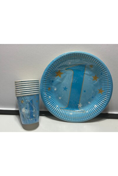 Party Partycom Mavi 1 Yaş Temalı 8’li Karton Tabak-Bardak Seti