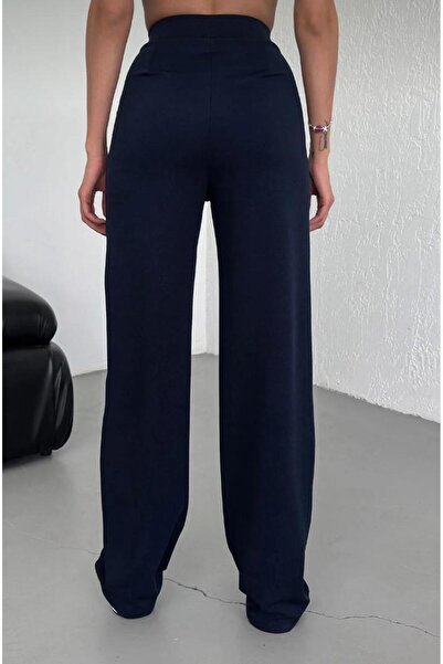 FEMİNEER.com Women's Navy Blue High Waist Lycra Stretchy Velcro Closure Pleated Casual Fit Palazzo Pants