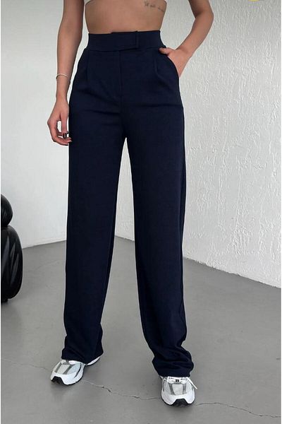 Successo Women's Navy Blue High Waist Lycra Stretchy Velcro Closure Pleated Casual Fit Palazzo Pants