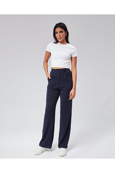 NEVEGE BUTİK Women's Knitted Fabric Full Lycra Velcro Waist Palazzo-Dark Blue