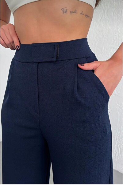 FEMİNEER.com Women's Navy Blue High Waist Lycra Stretchy Velcro Closure Pleated Casual Fit Palazzo Pants