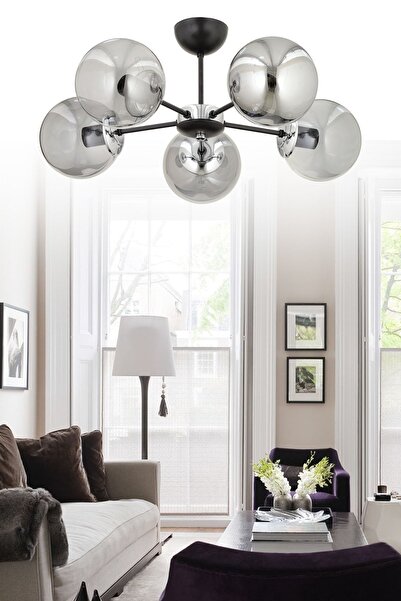 ESSLİGHT Güneş 5 Li Plafonyer Avize Füme Glob Camlı Salon Yatak Odası Mutfak