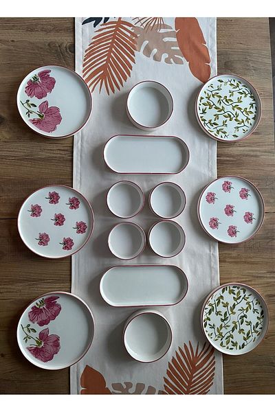 Lili home 6-Piece 14-Piece Rose Rose Patterned Breakfast Set - Luxury Breakfast Presentation Set Plate