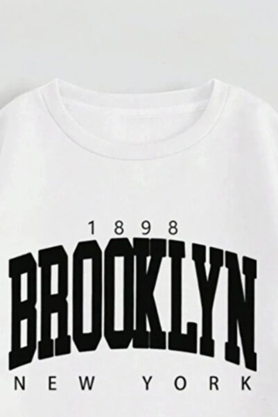 FECCY Pamuklu Kadın Brooklyn New York Baskılı Bisiklet Yaka Eşofman Takımı