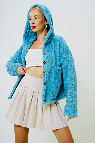 Bysenby Γυναικείο βελούδινο πράσινο μπουφάν με με κουκούλα διπλές τσέπες με κουμπιά