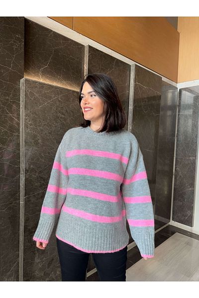 Elif Özbey Butik Pulover supradimensionat cu dungi gri