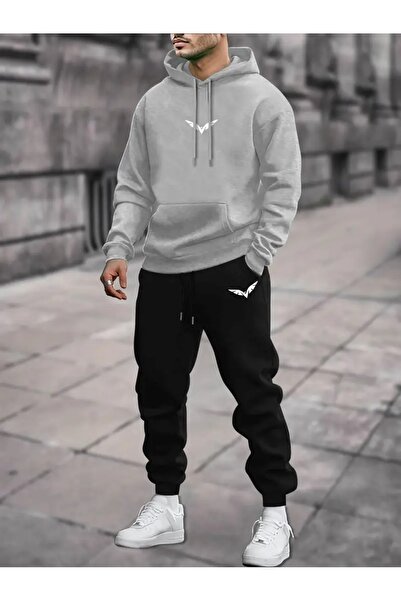 WOODROFFE Σετ ανδρική φόρμα - Μαύρο γκρι εμπριμέ, κουκούλα, oversize μέγεθος