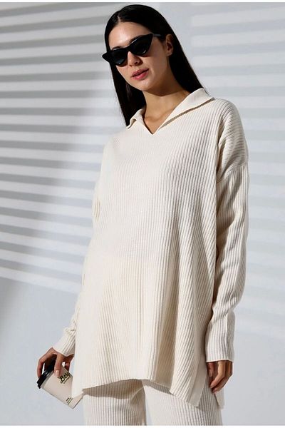 charme butik Women's Polo Neck Knitwear Bottom Top Set