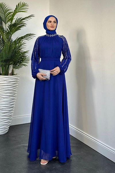 MERVEN AKYÜZ Stoned Sleeves Jayla Evening Dress Sax