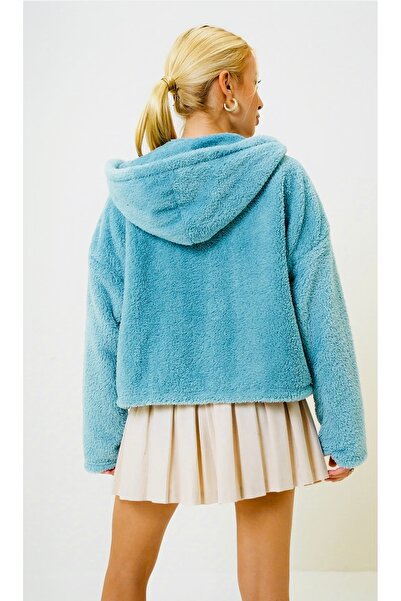 Bysenby Γυναικείο βελούδινο πράσινο μπουφάν με με κουκούλα διπλές τσέπες με κουμπιά