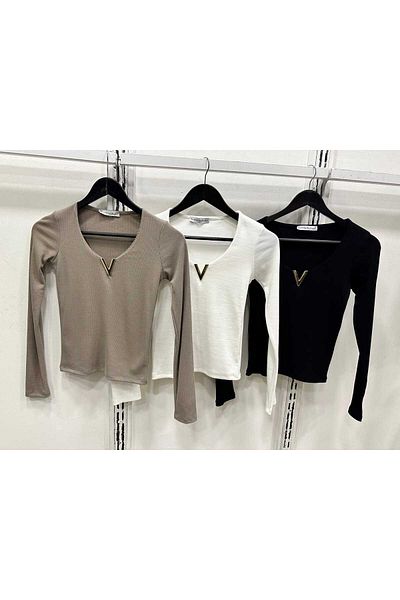 Fua Shop Body de damă cu guler auriu V cu detalii metalice