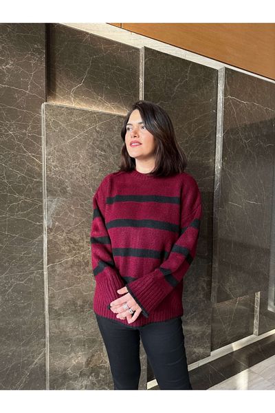 Elif Özbey Butik Pulover oversize cu dungi bordeaux