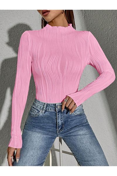 Fashion'S Γυναικείο ροζ ελαστάν μαντήλι Ovarlok μακρυμάνικη μπλούζα με στρογγυλή λαιμόκοψη