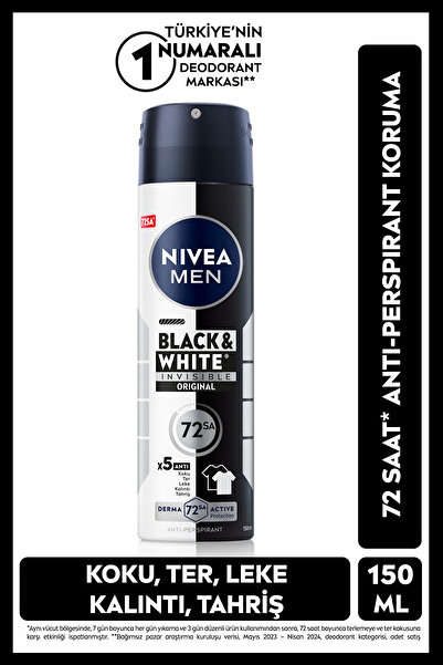NIVEA MEN Erkek Sprey Deodorant Black&White Invisible Original 150ml, 72 Saat Anti-Perspirant Ter Koruması