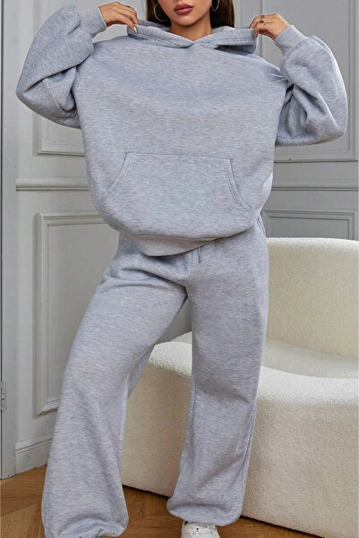 FECCY Pamuklu Kadın Oversize Kapüşonlu Eşofman Takımı Kışlık Içi Pamuklu