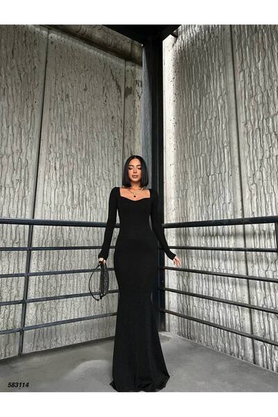 Trendusfashion Βραδινό φόρεμα Fish Model με μακριά μανίκια - V λαιμόκοψη και γυαλιστερό ύφασμα