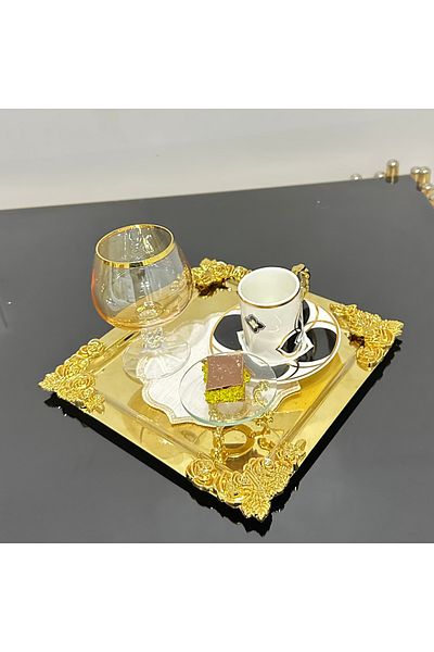 USD HOME Δίσκος σερβιρίσματος 6 τεμαχίων από ανοξείδωτο τετράγωνο χρυσό λουλούδι γωνιακό αξεσουάρ