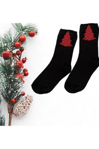 DİLARRA Boutique New Year's Red Pine Tree Patterned Black Socks