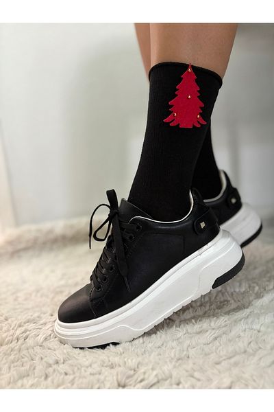 DİLARRA New Year's Red Pine Tree Patterned Black Socks