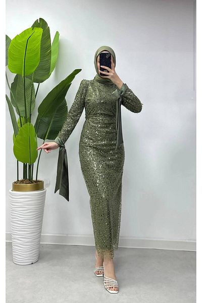 BestShopping Satin Evening Dress with Tie Sleeves