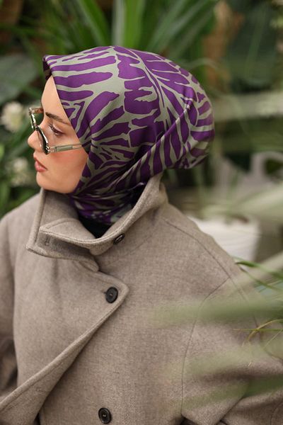 Silk Home Purple Green Leaf Pattern Tivil Silk Scarf-11443-39